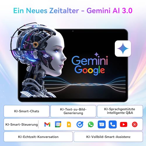 TABWEE 2026 Neueste Android 15 Tablet 10 Zoll - 12GB RAM+128GB ROM, Octa Core, Gaming Tablet, Widevine L1, 1280x800 IPS, 6000mAh Akuu, Gemini AI, 5MP KI Kamera, Face ID, 5G WiFi, 3.5mm Jack 2