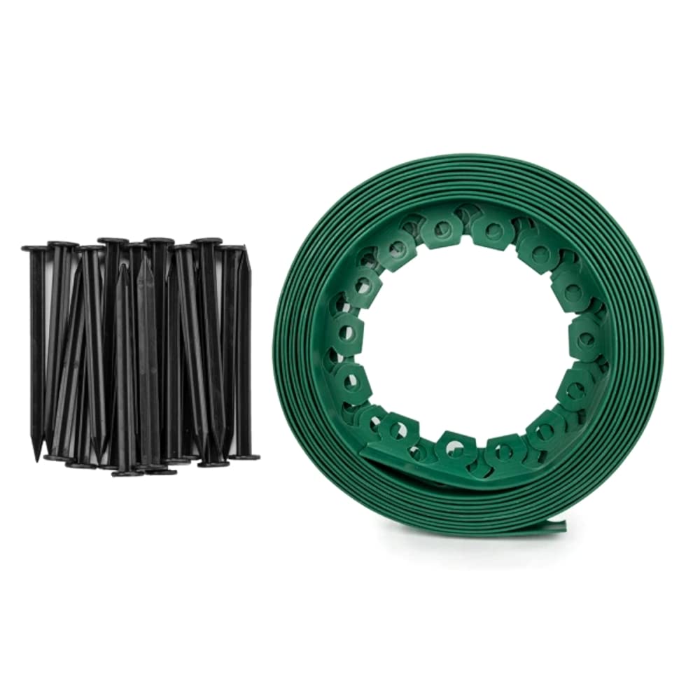 Garden Edging – Flexible Garden Border Edging – Flexible Flower Bed Edging with 20 Pegs (Green, 38 mm x 10 metres)