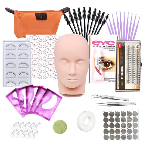 Jun Beauty Eyelash Extension Kit, 46 Pcs Lash Extension Supplies, Professional Lash Training Set with Pink Mannequin Head Quick Glue For Beginners Lash Extension Makeup Practice