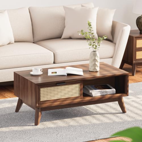Bme Modern Solid Wood Coffee Table with Storage, Accent Rattan Design, Perfect for Living Room, Walnut, Medium