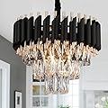 A AXILIXI Modern Crystal Chandeliers 3 Tiers Black and Gold Pendant Light Fixtures 16” Round Flush Mount Chandeliers Ceiling Lighting Dimmable for Living Room Dining Room Foyer Bedroom Kitchen