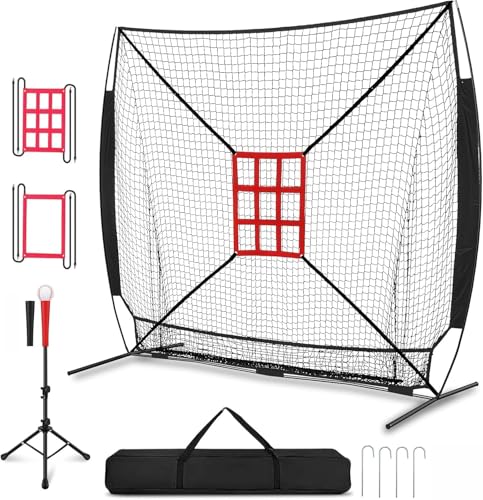 RAYZESTTOP 野球ネット バッティングネット 練習用 トレーニング ピッチングネット スチール製 硬式 軟式対応 打撃 投球 防球ネット ソフトボール練習ネット 組み立て簡単 折り畳み 持ち運びに便利 収納バック付き(バッティングティー・９マス枠・口字型枠付属)（Amazon）