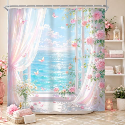 Image of Riyidecor Pink Ocean Floral Shower Curtain 72Wx72H Inch Coastal Beach Scenery Summer Roses Botanical Butterfly Beachside View Aesthetic Girls Bathroom Decor Fabric Polyester Waterproof 12 Pack Hooks