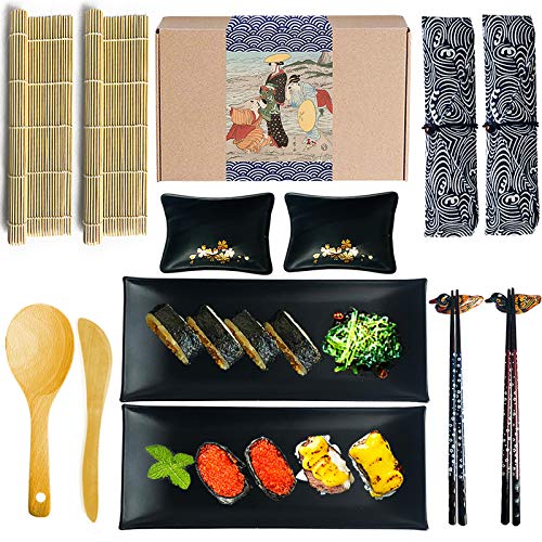 Artcome Sushi Making Kit DIY Sushi Set With 2 Bamboo Rolling Mats 2 Sushi Plates 2 Sauce Dishes 2 Pairs of Chopsticks 2 Chopsticks Holders 2 Tableware Bags 1 Paddle and 1 Spreader14 pack