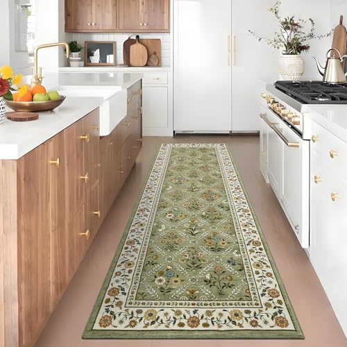 GarveeHome Washable Kitchen Runner 2x6 Non-Slip Floral Carpet Runner for Entryway Indoor Ultra Soft Stain Resistant Long Rugs Farmhouse Floor Mat for Hallways Laundry Bedroom Green