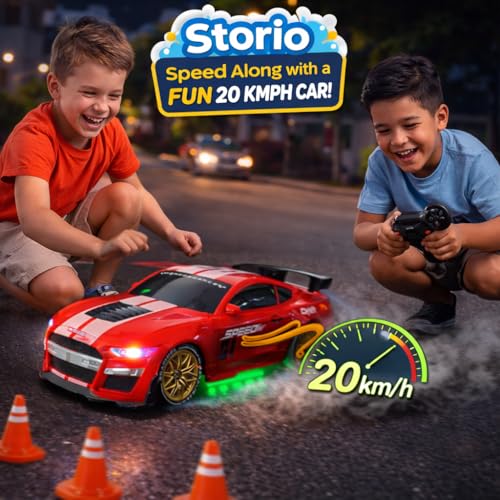Image of Storio Ghost RC Drift Car 1:24 Scale 4WD | 20KM /H High-Speed Remote Control Car with LED Lights | 2.4GHz Rechargeable Drift Racing Car with Extra Tires & Cones | Birthday Gift | Boys & Girls