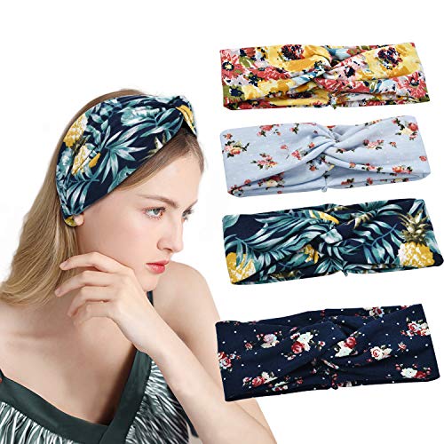 Womens Headbands Fashion Boho Turban Elastic Knotted Yoga Head Wrap Hair Bands for Workout 4 Pack
