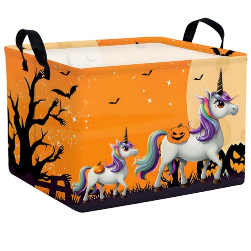 Image of Halloween Basket Gift Cute Pumpkin Ghost Parties Decor Kid Trick or Treat Basket for Boys and Girls Rectangular Storage Bin Box (Unicorn Bat)