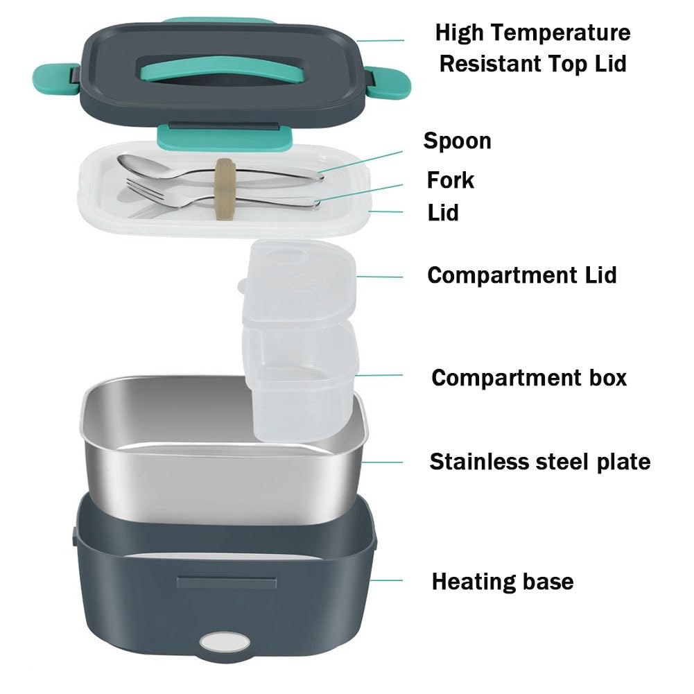 Fiambrera Aislante portátil de Doble Compartimento, Calentador de Alimentos portátil, para Coche, casa, Oficina, Viajes, con Recipiente de Acero Inoxidable(Blue+White Buckle Handles)