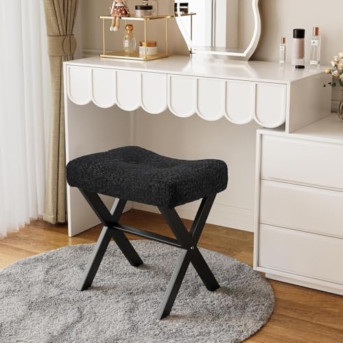 Image of Memobarco 18-Inch Vanity Stool Chair, Vanity Bench with Metal X-Legs, Ottoman Accent Stool with Breathable and Soft Boucle Fabric Saddle Seat, Black