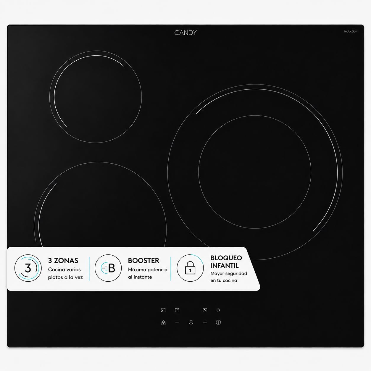Candy Idea CIDI637CCBB Placa Inducción, 3 Zonas, Zona de 28CM, 60CM, 9 Niveles de Potencia, 7,2KW, Mandos Centrales, Indicador de Calor, Bloqueo Infantil, Alerta Sobrecalentamiento y Derrames, Negro