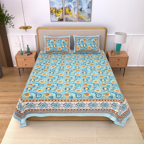 Image of India 100% Pure Cotton Jaipuri Printed Double Bedsheet with 2 Pillow Covers | Traditional Sanganeri Floral Design | Soft Breathable Fabric | King Size Bedsheet for Bedroom (Kaya56)