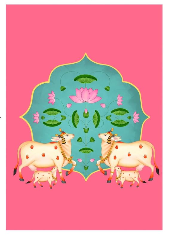Image of varamahalakshmi Backdrop | Traditional backdrops decorationss Cloth | pichwai Cow Backdrop | laxmi Devi Backdrop Cloth | pichwai Backdrop Cloth Decoration 8x6 feet Dark Lotus