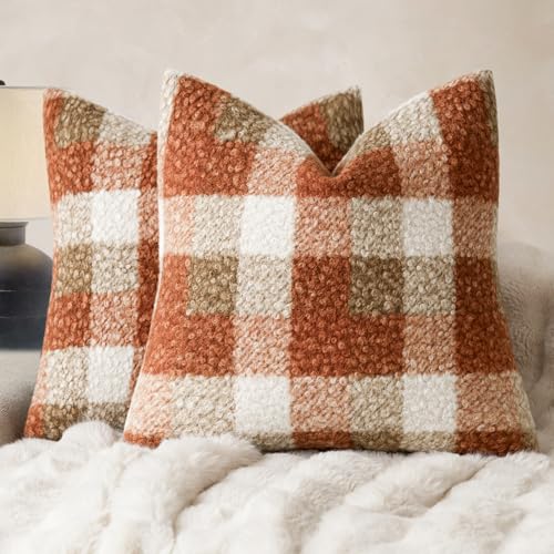 Image of Foindtower Pack of 2 Soft Faux Fur Boucle Throw Decorative Pillow Covers Fuzzy Accent Check Cushion Sherpa Boho Farmhouse Pillowcase for Couch Sofa Bed Living Room Home Decor 20x20 Inch,Burnt Orange