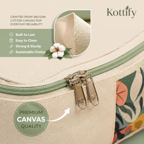 Image of Kottify Cotton Canvas Clothes Storage Bags Pack of 3 | Saree Covers with Zip | Saree & Dress Storage Bags with Zipper | Wardrobe Organizer for Women's Clothes, Lehengas, Suits (16 x 13 x 3 Inch)