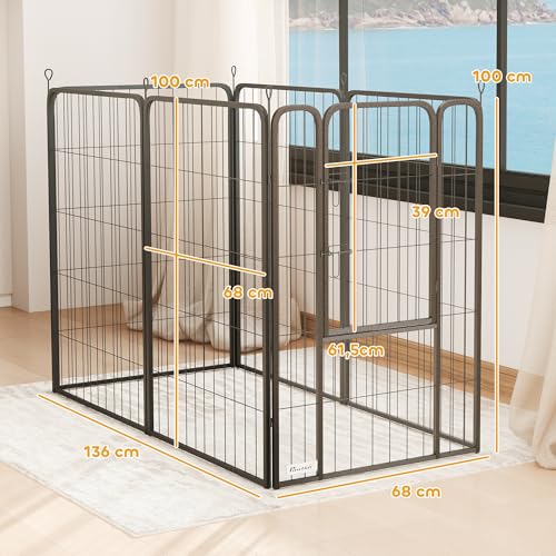 PawHut Welpenlaufstall 6-teilig 100 cm hoch Welpenauslauf Faltbar Freilaufgehege mit Tür, Verriegelung, Hundelaufstall mit Erdspießen, Laufstall für Hunde Kleintiere für drinnen und draußen