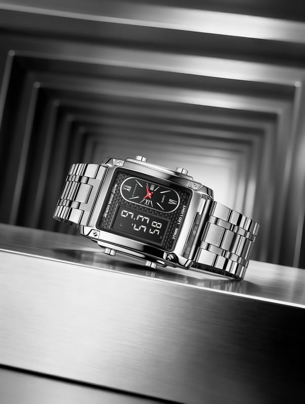 Image of Giordano Analog-Digital Quartz Watch for Men with LED Light, 3-Time Display, Date Function, 30M Water Resistance & Stainless Steel Strap