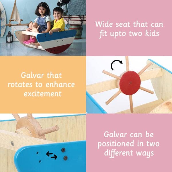 Image of Ariro Wooden Boat Rocker | for Boy & Girl | Vestibular Development, Whole Body Coordination & Exercise | Made of Imported Sturdy Wood | Wide Base & Wooden Handle Keeps Child Safe & Steady