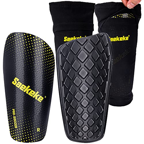 Saekeke Protège-Tibias de Football pour Enfant/Jeunes/Adultes,avec Manches Double Couche(Membranes), Version Améliorée FE2201 Noir-S Cover