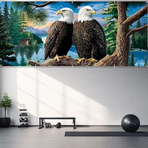 Image of 16x7ft Majestic Eagles Perched Garage Door Banner- Bald Eagles on Tree Branch Backdrop, Large Hanging 2 cars Garage Decorations - for Veterans Day Patriotic Outdoor Background Sign, Rustic Wall House Decor