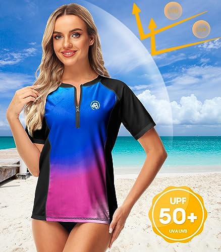 AOBUTE Women Zip Rash Guard UPF 50+ Gradient Short Sleeve Swim Top Surf Shirts4