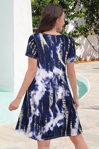 Vestidos de verano para mujer, camiseta casual, manga corta, floral, salida de baño de playa con bolsillos, azul intenso (Deep Blue Tie Dye), M