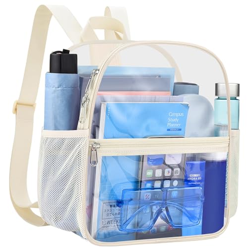 Image of Busiuw Clear Backpack for Stadium Events 12x12x6 Mini SmallSports Fan Backpacks with Front Pocket for Concert Sport Events Work Travel(Cream)