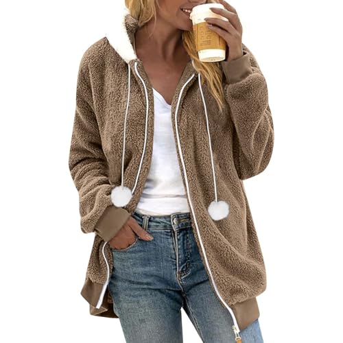 Womens Winter Coats Fuzzy Fleece Jacket Hooded Color Block Patchwork Cardigan Coat Warm Outerwear With Pocket4