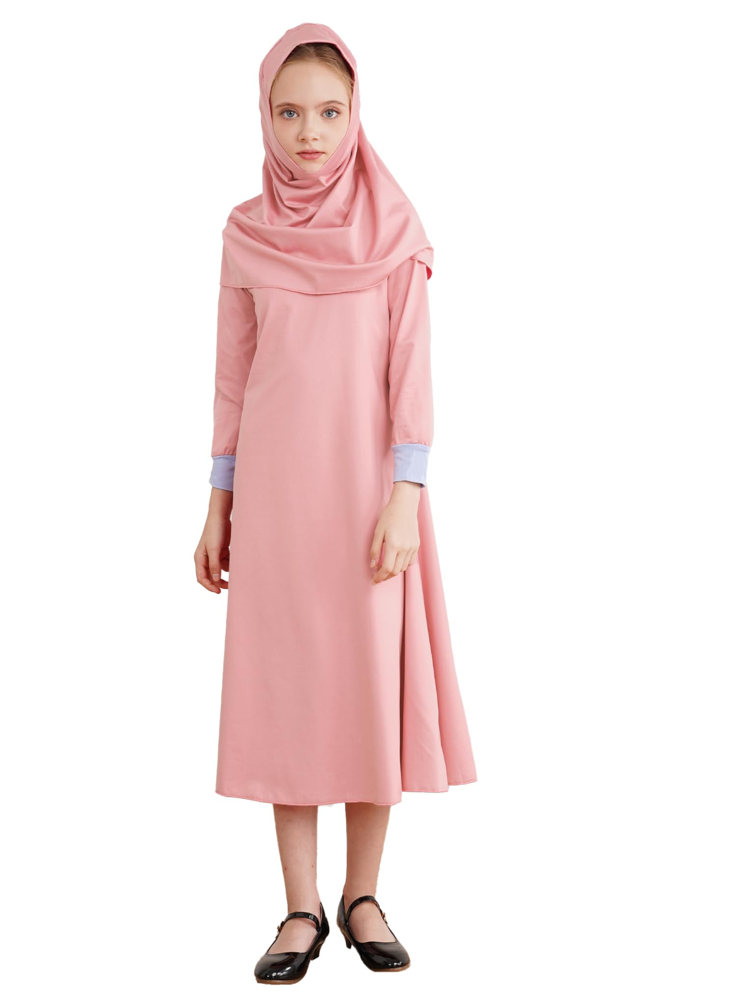 easyforever Kids Girls Solid Abaya Muslim One-Piece Prayer Dress Full Length Robe Islamic Maxi Dress with Headscarf Pink 12-18 Months
