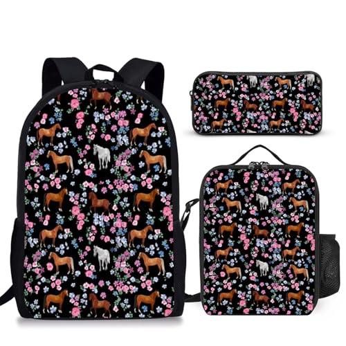 3PCS Horse Backpacks for Girls Boys Teens School Backpack with Lunch Box Pencil Case for Elementary Middle High Students 17 Inch Lightweight Bookpack 3 in 1 Set Back to Shool Supplies for Kids