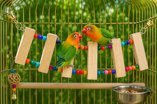 Image of Raindrops Bird Ladder Toy for Cage - Wooden Climbing Ladder with Colorful Beads & Bell|Bird Enrichment Toy for Budgies|Lovebirds & Small Birds|Training aid Toy (Heigth14 inch)