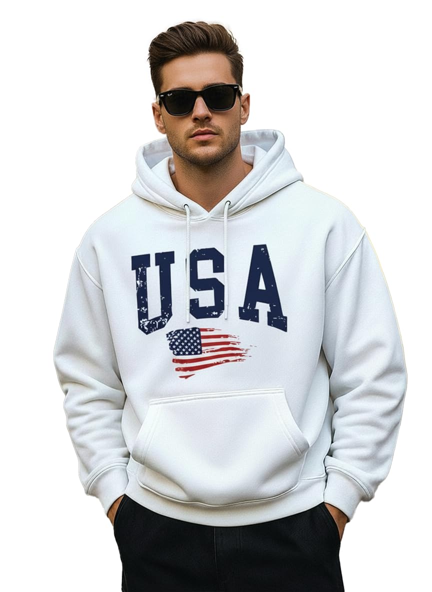 Lee USA Graphic Hoodie for Men â€“ White Cotton Fleece Hooded Sweatshirt with American Flag Print, Winter Casual Streetwear Pullover in white