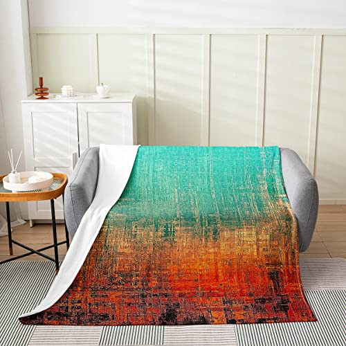 Grunge Abstract Art Bed Throw Blanket Kids Teal And Orange Messy Rust Painting Fleece Throw Blanket Modern Vintage Retro Fuzzy Blanket Breathable Flannel Plush Blanket Room Decor Twin 60"X80" #TOP30