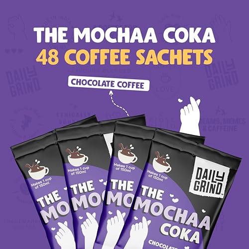 Image of DAILYGRIND Chocolate Mochaa Instant Coffee Sachets 2 g Each - Pack of 48 | Assorted Arabica Coffee Powder with Free Jar | Hot & Cold Brews - Freeze Dried | Hot or Iced Brews at Home & Office 96 g