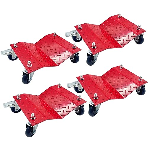 Image of Set of 4 Car Tire Wheel Dolly Furniture Lifters - Heavy Duty Under Vehicle Tire Skates Motorcycle Jack and Moving Dollies with Wheels 6000lbs Capacity Black (Red, 4 Dollies)