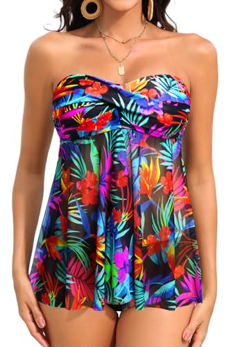 Tempt Me Womens Two Piece Bathing Suits Halter Bandeau Tankini Top Flyaway Swimsuit with Bottoms Tummy Control Swimwear