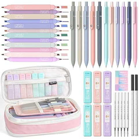 Nicpro 39 PCS Aesthetic School Supplies with Cute Pink Pencil Case, 12 Pastel Highlighters, 5 Quick Dry Black Ink Pens, 6 Mechanical Pencil 0.5 & 0.7 mm for Girls Student Stationary College Essentials Cover