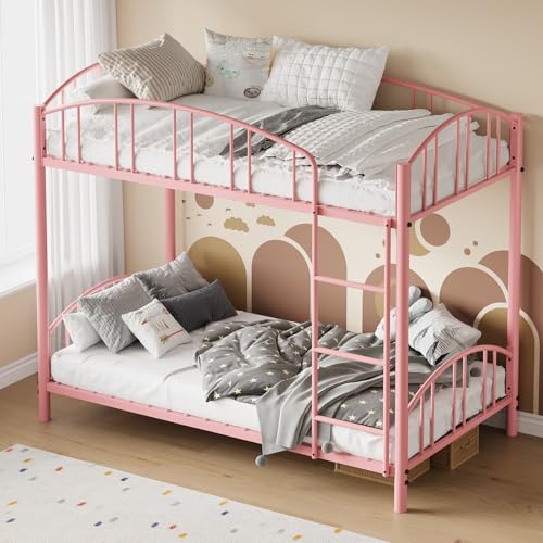 Bunk Bed Twin Over Twin with Stairs and Arched Guardrail, Sturdy Metal Slats Support, Space Saving, Noise Free, No Box Spring Needed, Ideal for Kid Room and Dorm, Pink