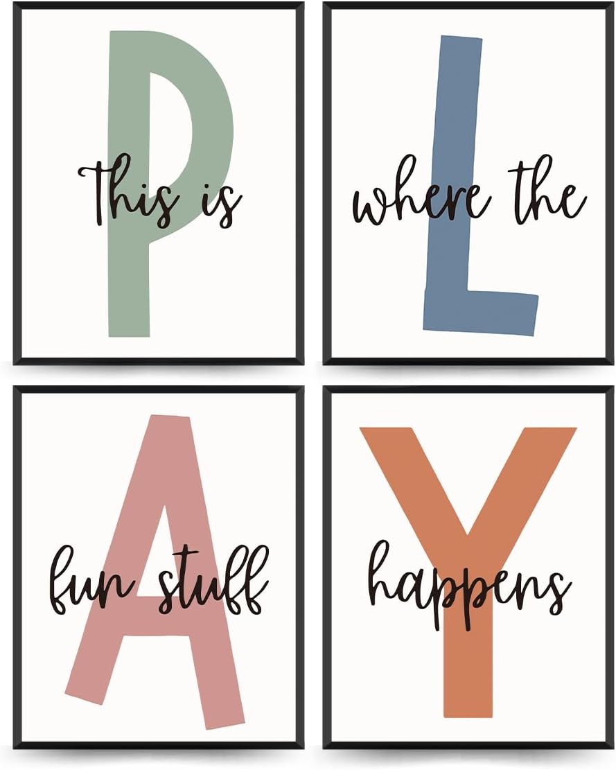 PLKMN Playroom Wall Art Set of 4, Kids Room Essentials, Nursery Prints for Toddler Play Space, 8x10 Inch, Unframed Play - This is where the fun stuff happens