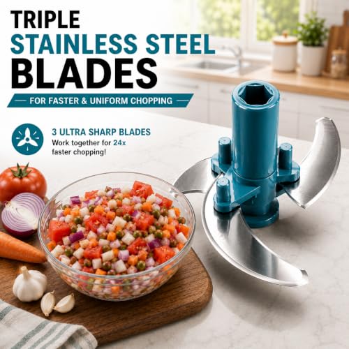Image of ‎Manual Vegetable Chopper 500ml with 3 Stainless Steel Blades, Kitchen Dori Handy Mini Compact Chopper, Pull Cord Food Chopper for Onion, Tomato, Garlic & Veggies | BPA Free, Easy to Clean