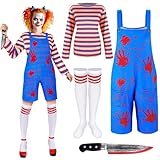 Jiuguva 4 Pcs Women Halloween Nightmare Killer Doll Costume Rainbow Stripe Shirt Outfit Thigh High Sock Plastic Knife (Medium)