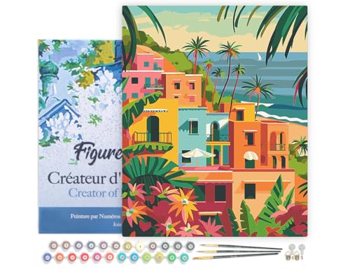 Figured'Art Peinture par Numéro Adulte avec Cadre Ville côtière marocaine - Activité Manuelle Kit de Loisir Créatif DIY Numéro d'Art Complet - 40x50cm toile tendue sur châssis