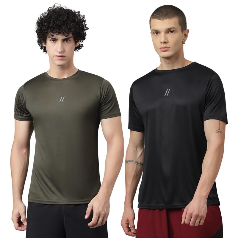 ATICX Slim Fit Pack of 2 Polyester Sports T-Shirts for Men - Round Neck Quick Dry Half Sleeve Breathable Stylish Gym & W