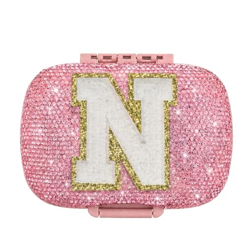 Image of Cute Pill Organizer Small Bling Pill Case for Purse Medicine Vitamin Container Holder Daily Pill Box Container for Women Travel Medicine Kit(Letter N Pink)