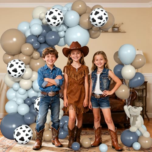 Image of Amandir 153pcs Cowboy Balloon Arch Garland Kit Different Sizes | 18 12 10 5inch Dusty Blue Brown Sand White Cow Print Balloons for Cowboy Shower Rodeo Farm Western Birthday Party Decoration
