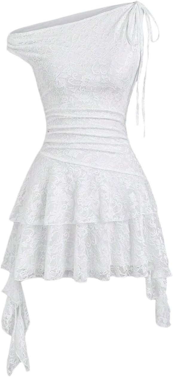 GORGLITTER Women's Lace Off Shoulder Tiered Ruffle Dress Short Sleeve Ruched A Line Mini Party Dresses