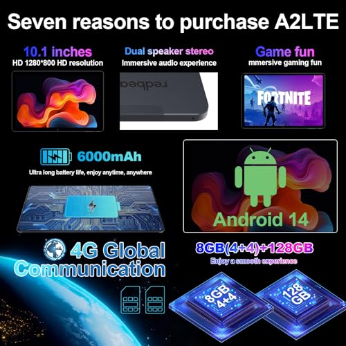 Image of redbeat Android 14 Tablet 10 inch, 2 in 1 Tablet with Leather Case & SIM Slot, 8GB RAM 128GB Storage (1TB Expand), Octa-Core Processor, 6000mAh Battery, WiFi 6 - for Study, Work & Entertainment