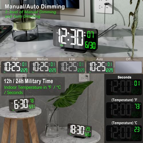 Image of KOSUMOSU Desk Clock 6.7in Black Digital Alarm Clock with Dual Alarm, Dimming, Date, Day of Week, Temp, 12h 24h, Digital LED Clock for Table Decor, Digital Calendar Mirror Clocks Essentials