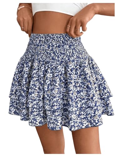 Floerns Women's Floral Ruffle Hem Layered Skirts Elastic High Waist Flared Mini Skirts