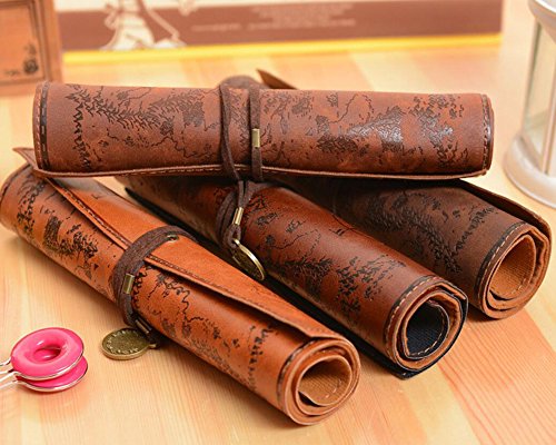 Antimax Vintage Roll Up Pencil Case Creative Map Matte Smooth Cover Pencil Pouch Art Makeup Cosmetic Pouch With Pendant For Business School Gifts Matte Dark Coffee #TOP6